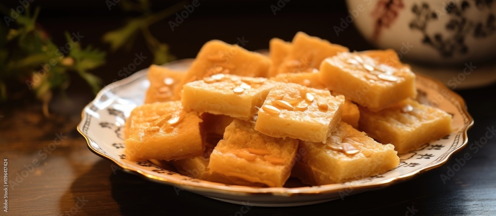Aufkleber cubes of soan papdi dessert arranged on a decorative plate showcasing its flaky texture and golden c