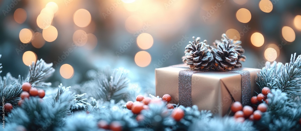 Poster elegant silver gift box adorned with pinecones surrounded by festive decorations and soft bokeh ligh