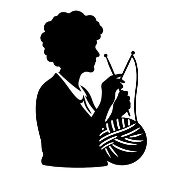 recommend clip art: Stylized silhouette of a woman knitting with yarn and needles on white background
