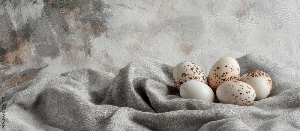 Poster Quail eggs resting on gray fabric with a textured concrete backdrop perfect for culinary or rustic design themes
