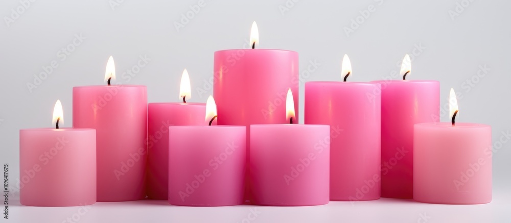 Poster arrangement of pink burning candles in various heights on a white background creating a soothing and