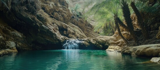 Tranquil Oasis in Salalah Featuring Lush Palm Trees and Cascading Waterfall in a Secluded Valley