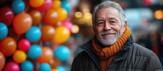 Senior man smiling warmly in front of a colorful balloon backdrop showcasing joy and celebration in an outdoor setting.