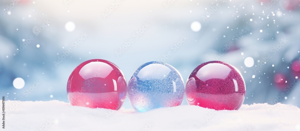 Poster colorful christmas ornaments on fresh snow creating a festive winter atmosphere with a soft pink bac