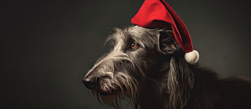 Scottish deerhound in a festive Santa hat sitting elegantly for a holiday portrait against a dark backdrop