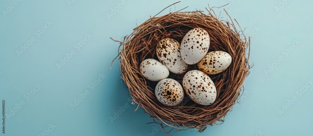 Poster easter decoration with quail eggs in a nest on a blue background showcasing spring themes and natura
