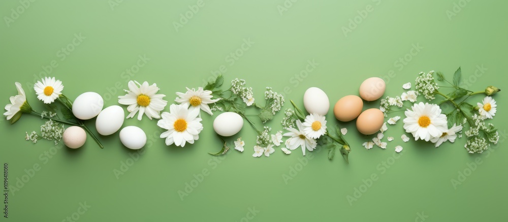 Aufkleber minimalistic easter arrangement with flowers and eggs on a green background showcasing a top view pe