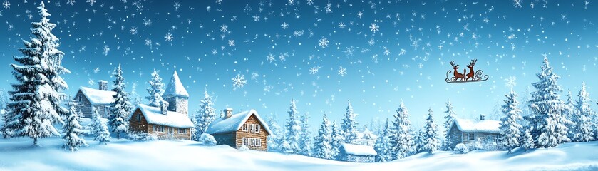 Charming winter landscape with snowy cottages, pine trees, and a clear blue sky, creating a serene holiday atmosphere.