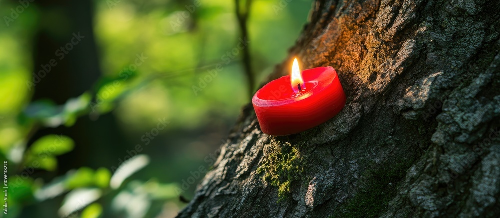 Poster red candle flame illuminating a tree trunk surrounded by lush greenery creating a serene and tranqui