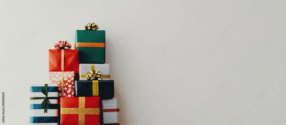 Poster vibrant stacked gifts in various colors arranged on a white background with ample copy space for hol