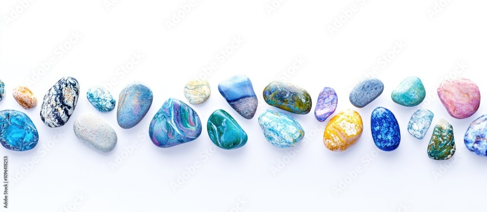 Poster vibrant assortment of colorful sea stones arranged on a white background in an aerial view with ampl