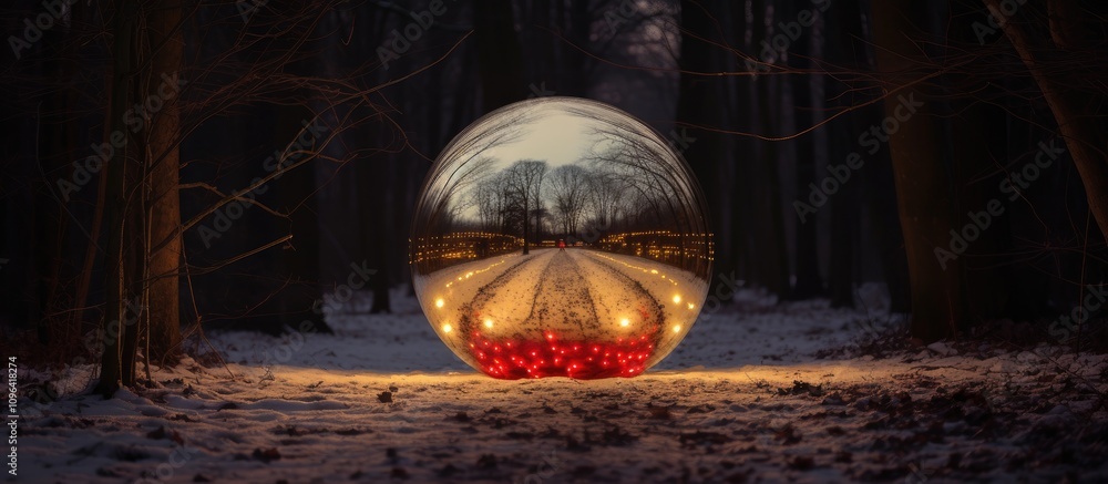 Poster Reflective Christmas ornament in a snowy forest pathway illuminated by soft lights during twilight creating a magical winter atmosphere