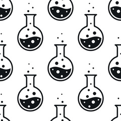 Chemistry flasks and bubbles vector seamless pattern. Black retorts on white background.