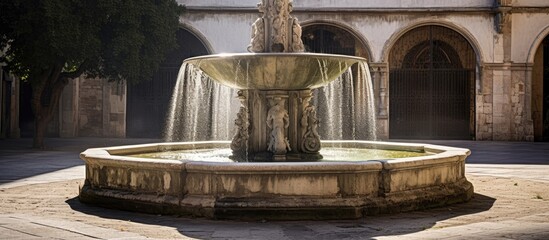 Gothic stone fountain in historic city square surrounded by ancient architecture and tranquil...