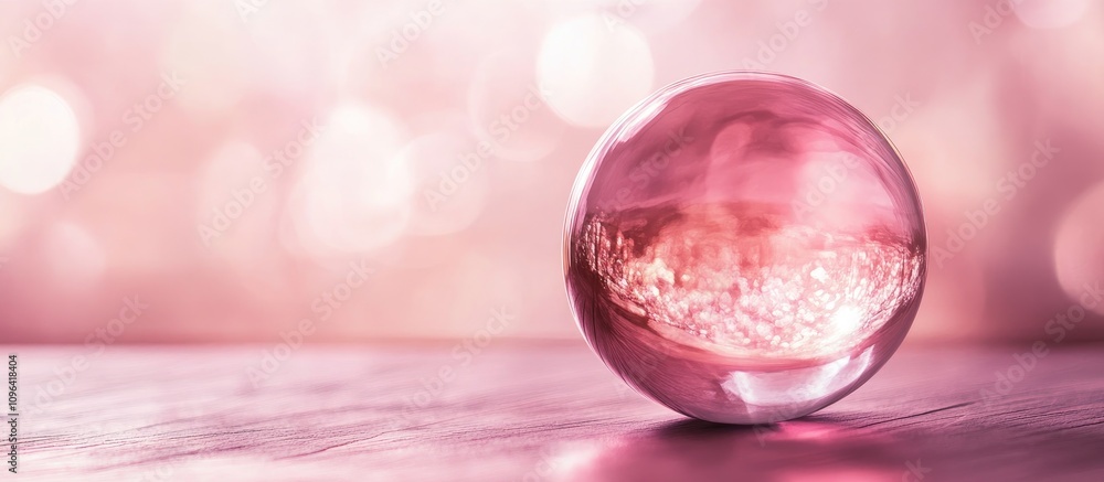 Poster soft focus pink glass sphere on blurred background with ample copy space for elegant designs and cre