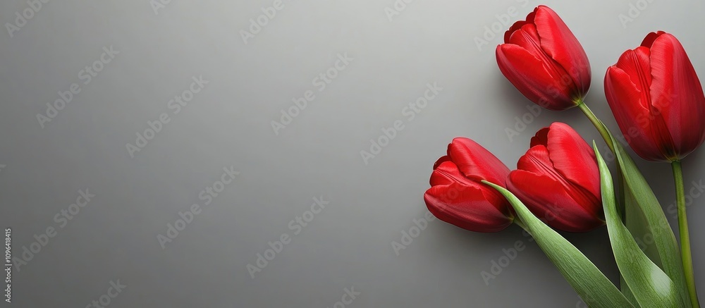 Poster red tulips arranged on a gray backdrop creating an elegant template with ample space for text or dec