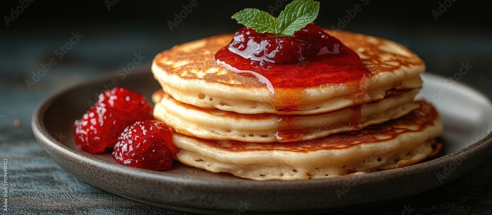 Poster delicious stack of fluffy pancakes topped with vibrant jam and fresh raspberries on a dark backgroun