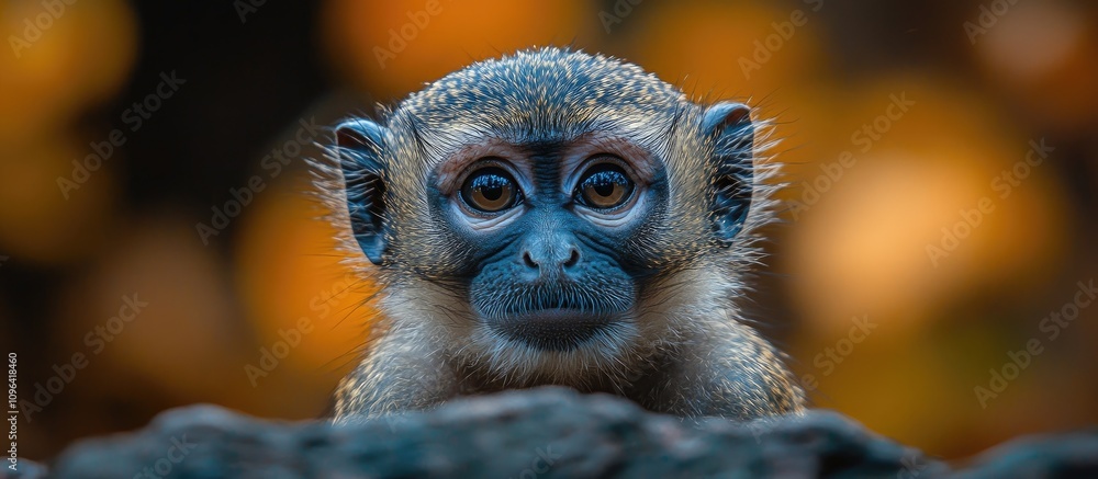 Poster intense gaze of a monkey in a tranquil natural setting with blurred background bokeh effect highligh