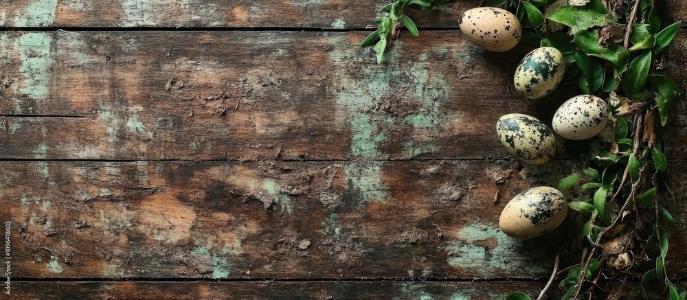 Poster quail eggs on green branches resting on an aged wooden surface ideal for easter themed designs and b