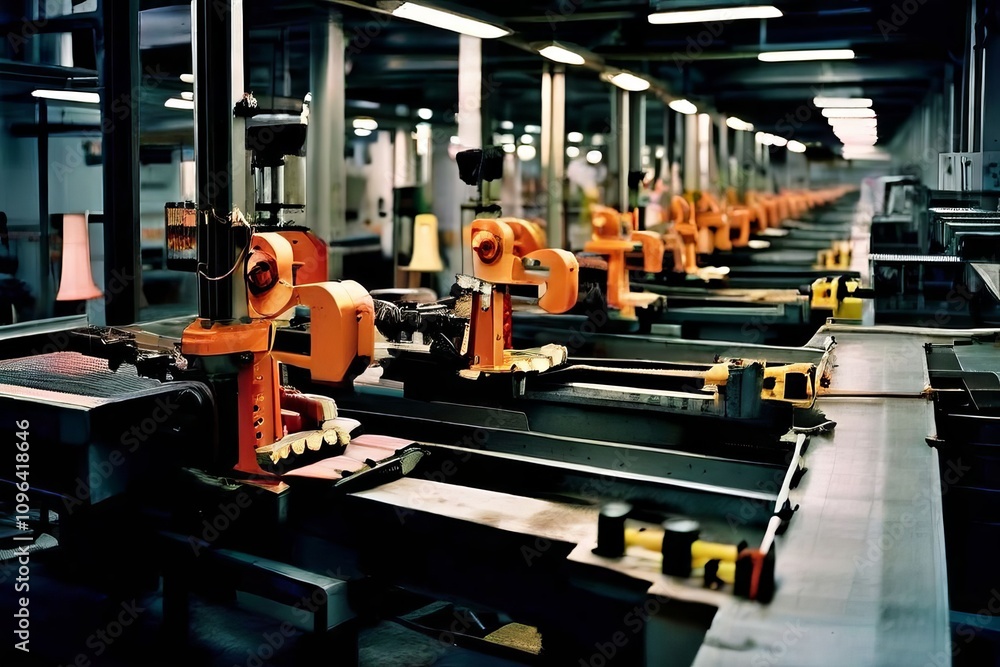 Poster factory assembly notes move in conveyor belt patterns