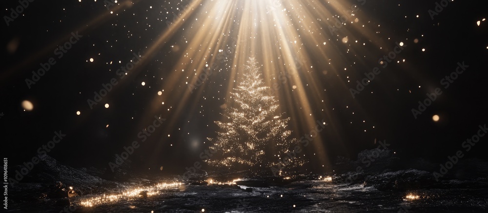 Poster Radiant new year tree silhouette illuminated by beams of light and sparkling elements creating a festive atmosphere in a dark environment