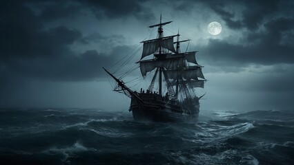 Obraz premium Pirate ship in the ocean at night with full moon