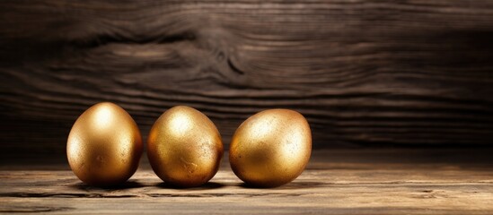 Naklejka premium Golden eggs arranged on a rustic wooden table with a weathered texture showcasing luxury and uniqueness in a natural setting