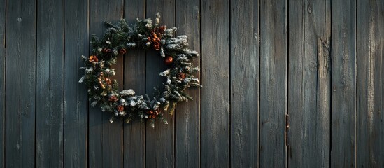 Traditional Christmas wreath adorned with pine cones hanging on a rustic wooden door with a snowy texture and natural greenery design.