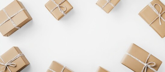 Cyber Monday promotional sale with wrapped gift boxes arranged on a white background in a top view perspective mockup