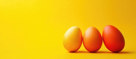 Easter eggs in vibrant colors arranged on a bright yellow background with ample space for creative text or messages.