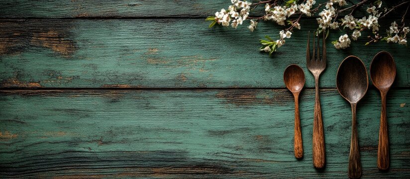 Wooden cutlery arrangement with floral accents on rustic green wooden backdrop showcasing an elegant table setting atmosphere.