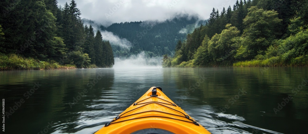 Poster kayaking on a tranquil river surrounded by lush forest and misty mountains creating a serene nature 