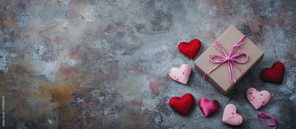Poster flat lay arrangement of pink and red hearts and a gift box on a textured backdrop for romantic event
