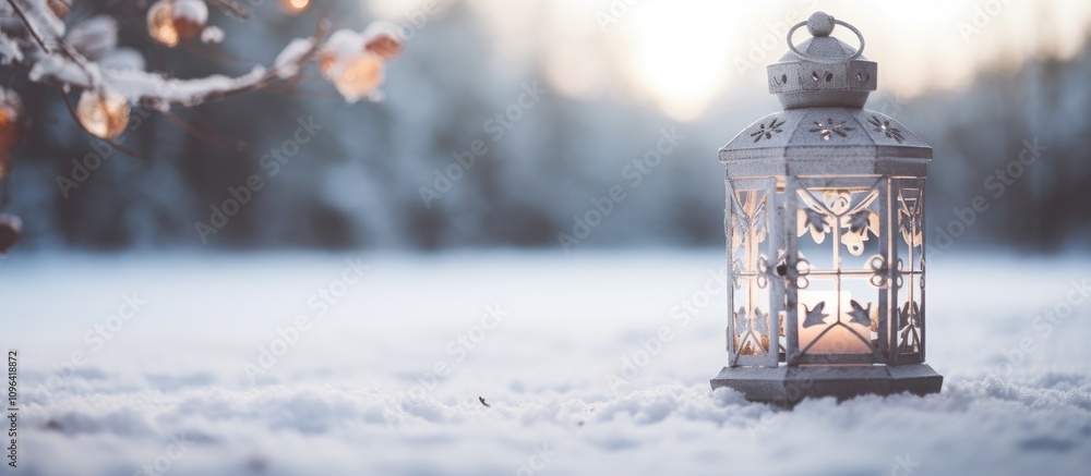 Aufkleber winter lantern glowing in the snow with decorative deer in the softly blurred background creating a 