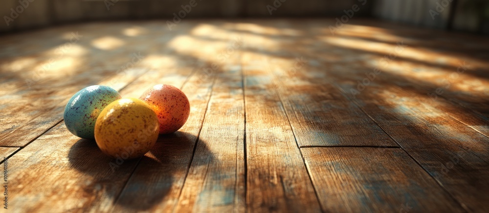 Poster colorful easter eggs resting on a rustic wooden floor creating a warm and inviting spring atmosphere