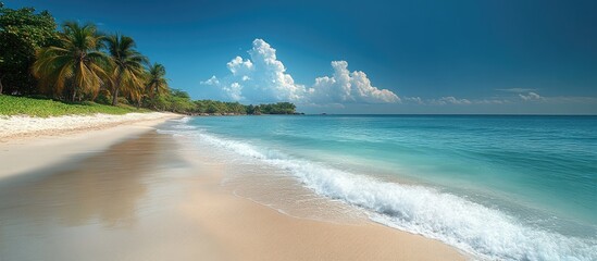 Obraz premium Serene tropical beach landscape inviting relaxation and leisure under a clear blue sky with gentle waves and lush palm trees.