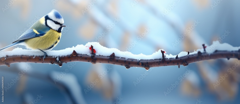 Poster blue tit bird perched on snow-covered branches in a serene winter landscape with soft blurred backgr