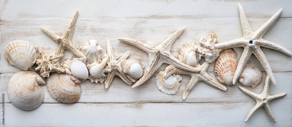 Poster starfish and seashells arranged on a rustic white wooden surface ideal for text overlay and decorati