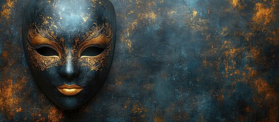 Elegant black and gold masquerade mask on a textured dark background showcasing artistry and mystery for themed events or celebrations.