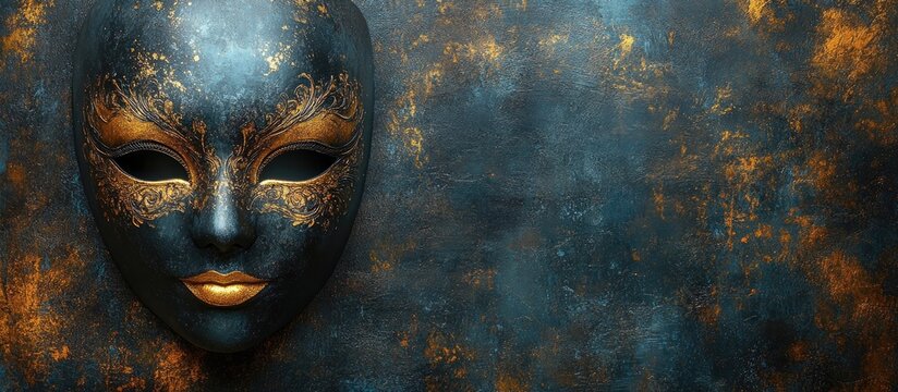 Elegant black and gold masquerade mask on a textured dark background showcasing artistry and mystery for themed events or celebrations.