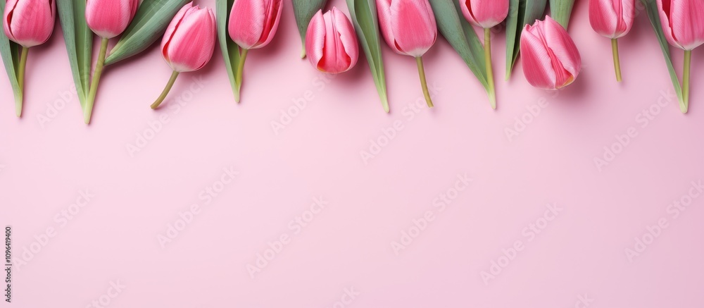 Poster pink tulip flowers border on pastel background with empty space for text perfect for spring holiday 