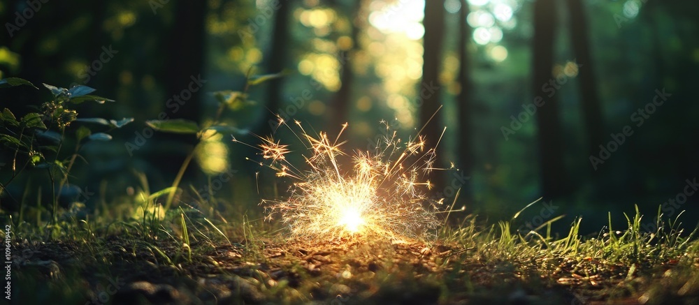 Aufkleber Sparkler igniting in a serene forest setting with sunlight filtering through trees creating a magical and enchanting atmosphere Ð½Ð° ÐºÐ»ÐµÑ‚ÐºÐµ.
