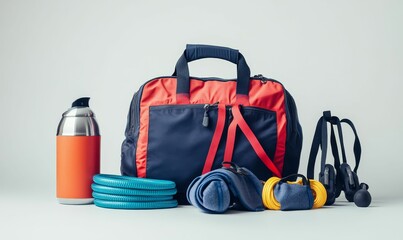 Fototapeta premium Gym bag, water bottle, resistance bands, exercise equipment.