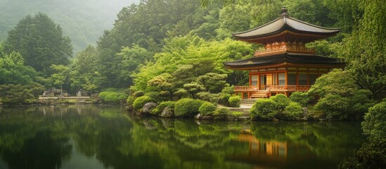 Obraz premium Serene Japanese Temple Surrounded by Lush Greenery and Tranquil Lake in Peaceful Nature Setting