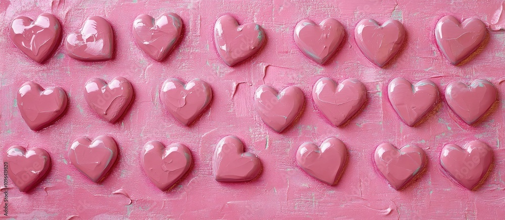 Poster small shiny pink hearts arranged on a textured pink backdrop creating a charming decorative pattern 