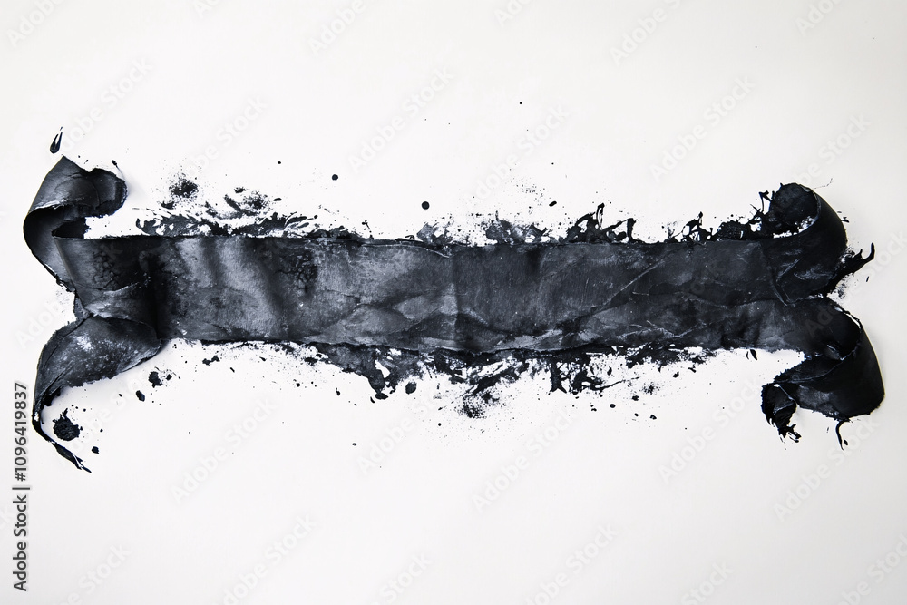 Poster a curled abstract black ribbon with bold textured strokes and splattered edges rests on a clean whit