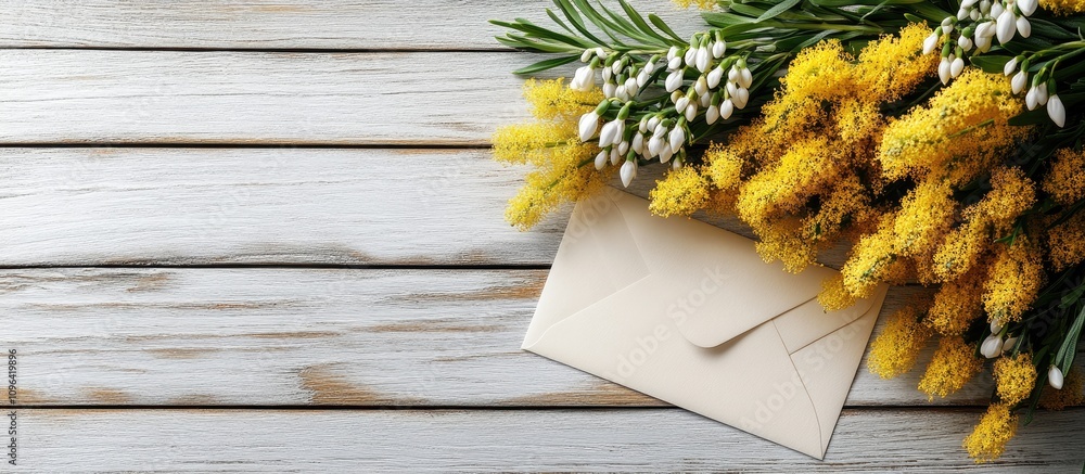 Poster womenâ€™s day postcard design with spring flowers mimosa and snowdrops on a wooden background featur