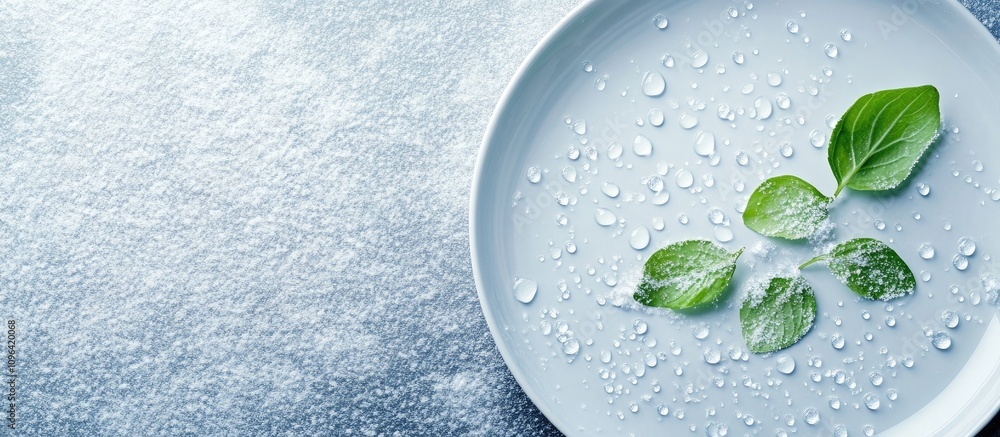 Poster elegant restaurant menu featuring fresh green leaves on a plate with water droplets and a snowy back