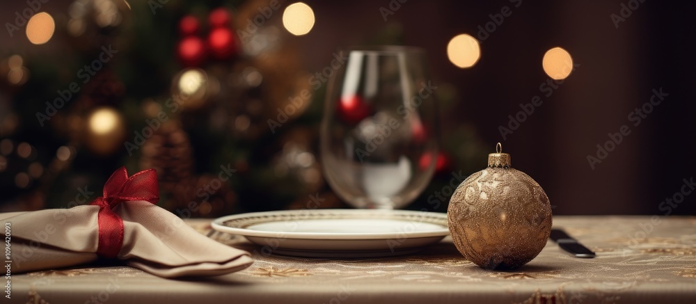 Aufkleber elegant christmas table setting with festive decoration and blurred tree lights creating a warm holi