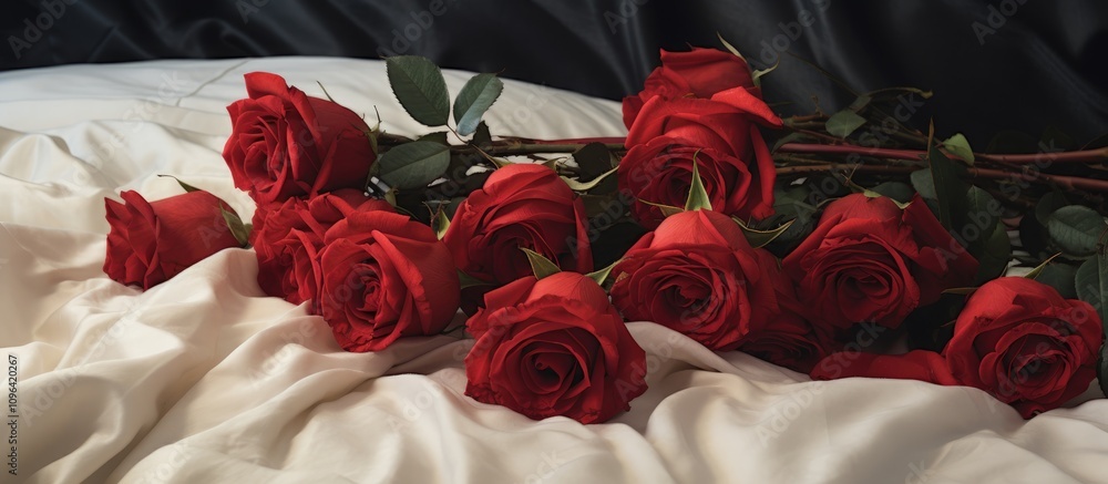 Poster Red roses elegantly arranged on a soft bedspread creating a romantic and inviting atmosphere suitable for special occasions.